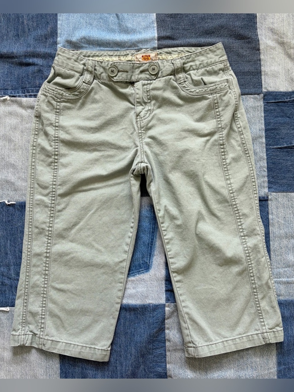 VTG y2k wide leg capri pants route 66 sage green 100% cotton mid rise size 5/6